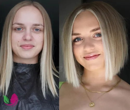 باب کوتاه صاف با هایلایت نقره‌ای (Blunt Bob with Icy Money Pieces)